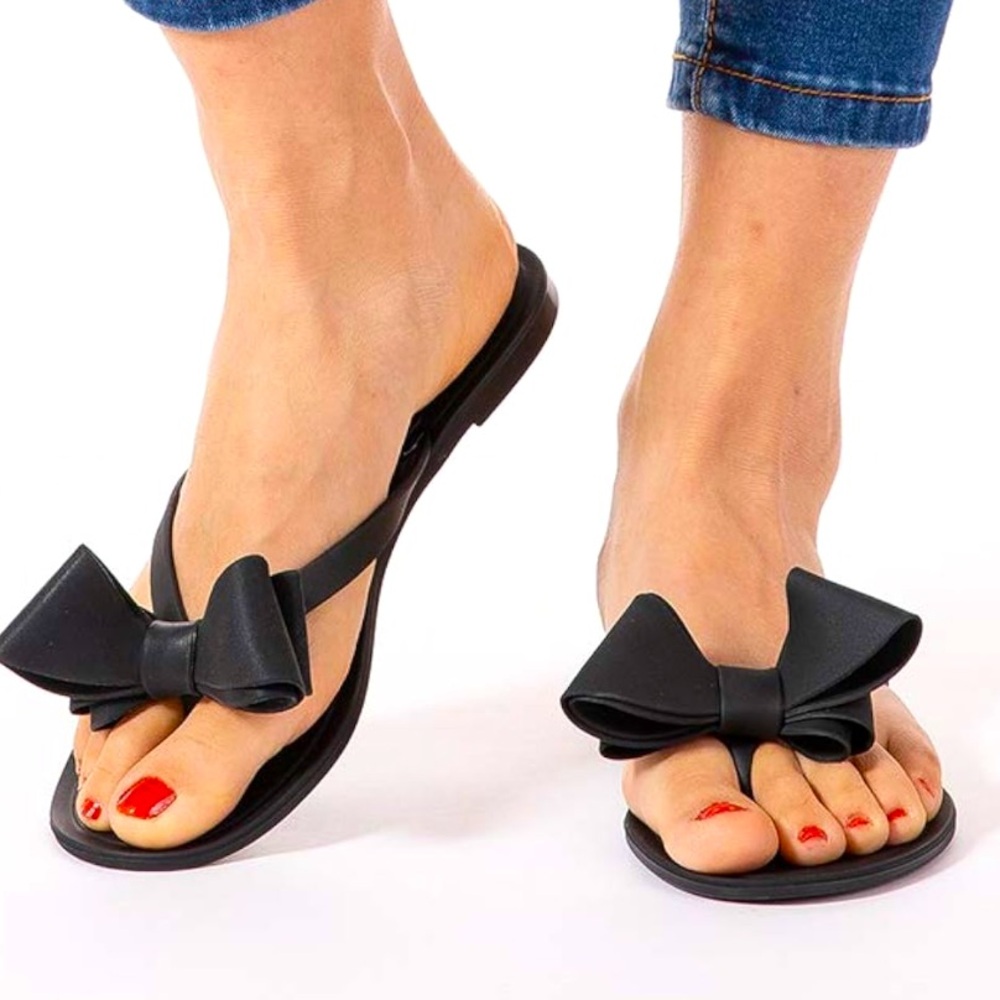 🐞 Adorable bow flat flip flop frosted jelly black sandals 10.5 42